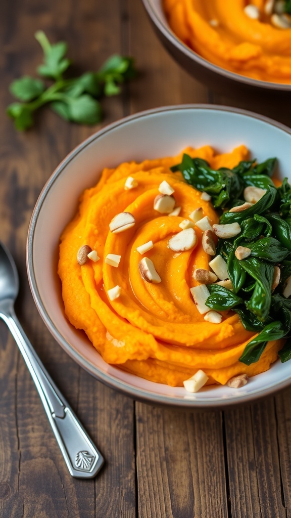 Savory Mashed Sweet Potato Bowl A bowl of mashed sweet potatoes topped with greens and nuts on a wooden table.